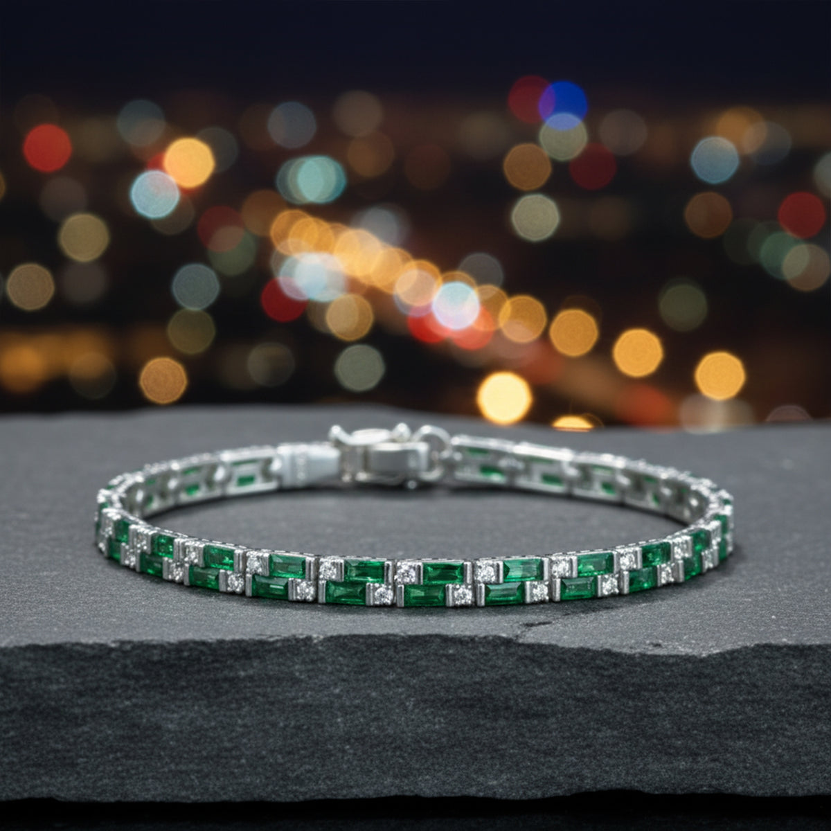 925 Men Silver Emerald Tennis Bracelet, Luxury Green Stone Chain Bracelet