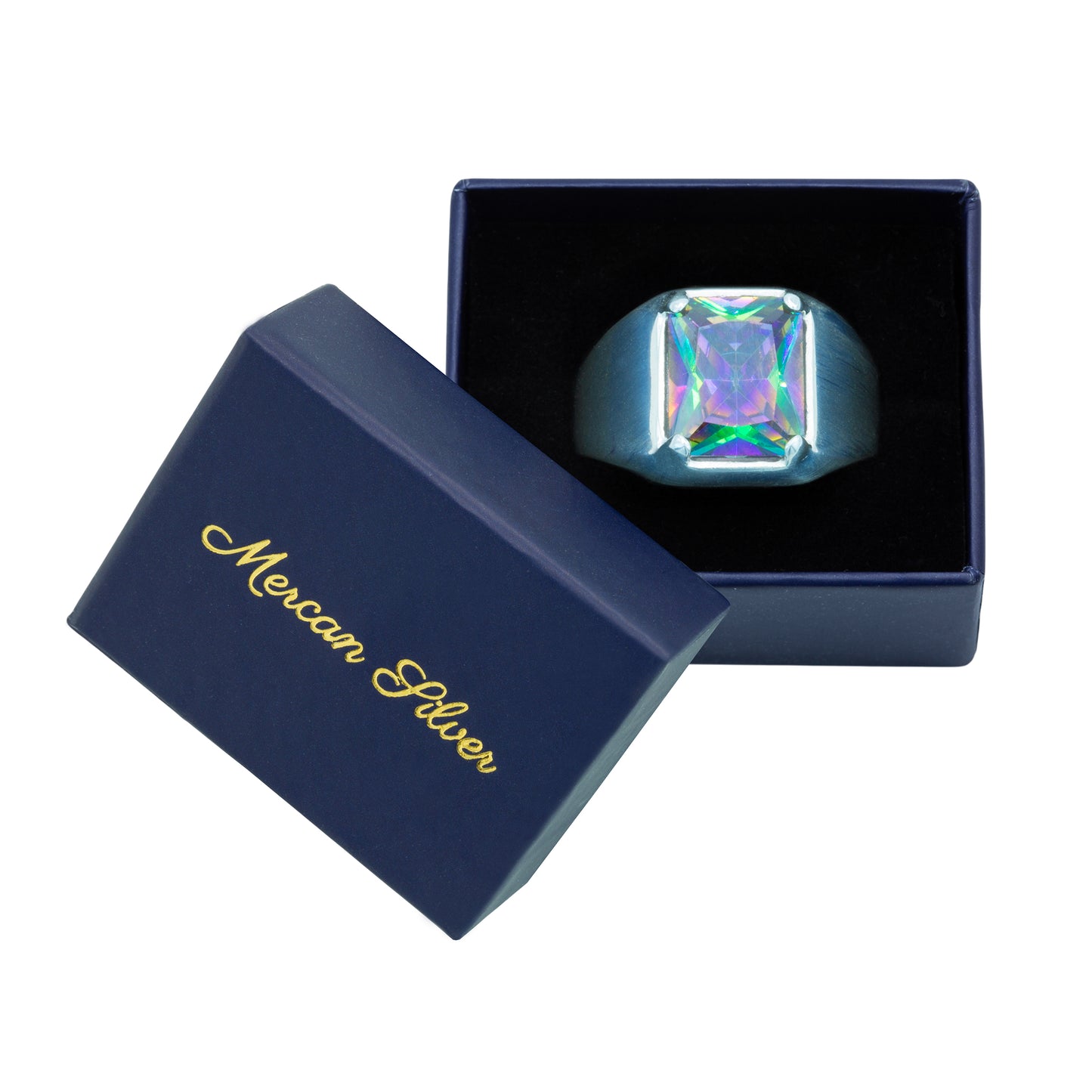 Solid Silver Mens Square Mystic Topaz Ring