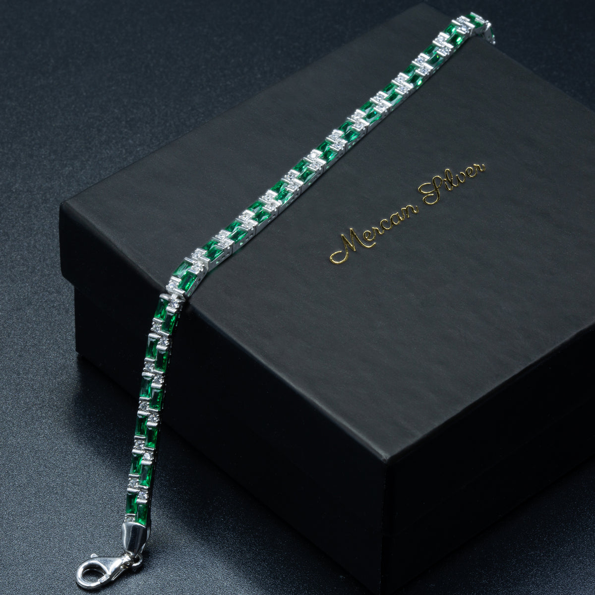 925 Men Silver Emerald Tennis Bracelet, Luxury Green Stone Chain Bracelet