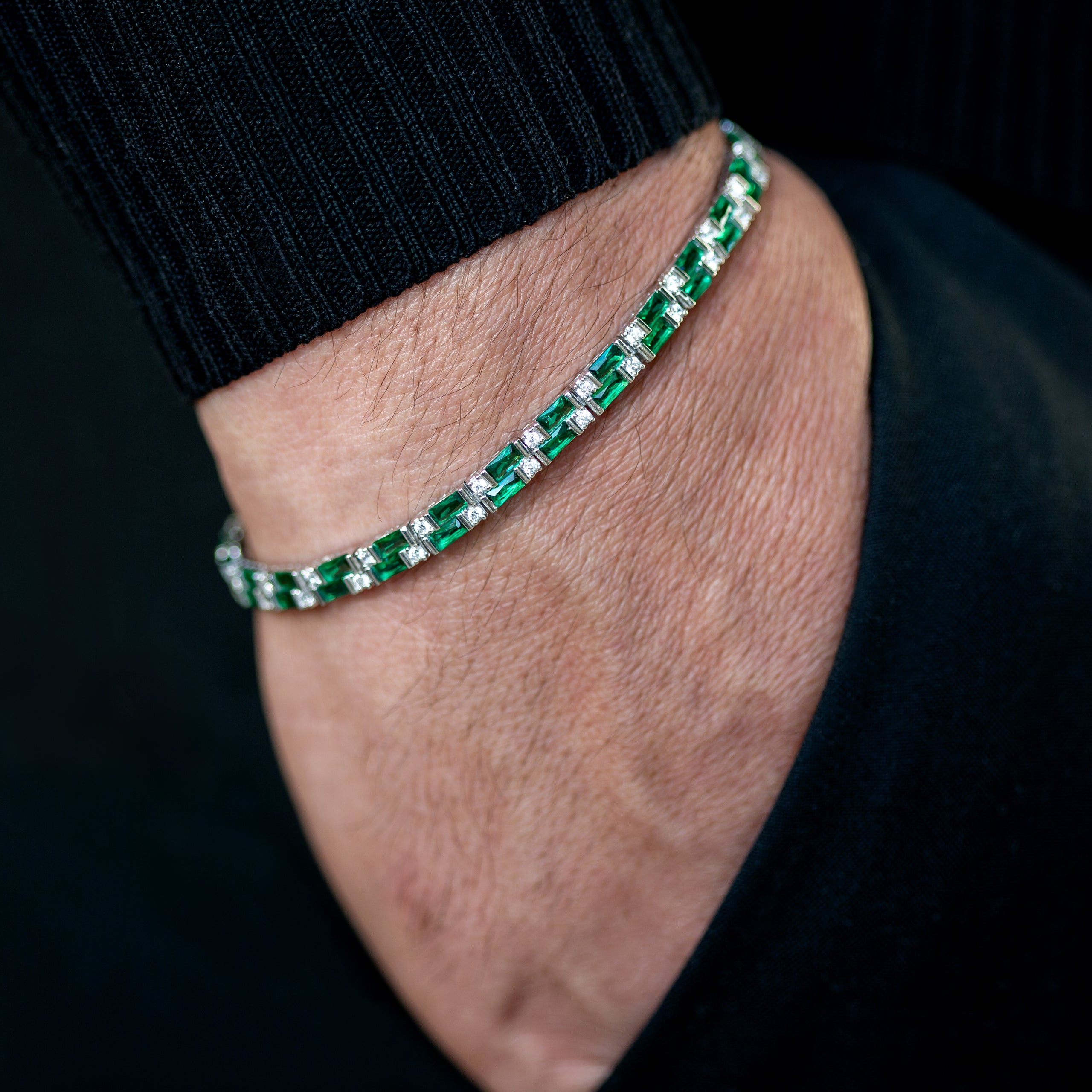 925 Men Silver Emerald Tennis Bracelet, Luxury Green Stone Chain Bracelet