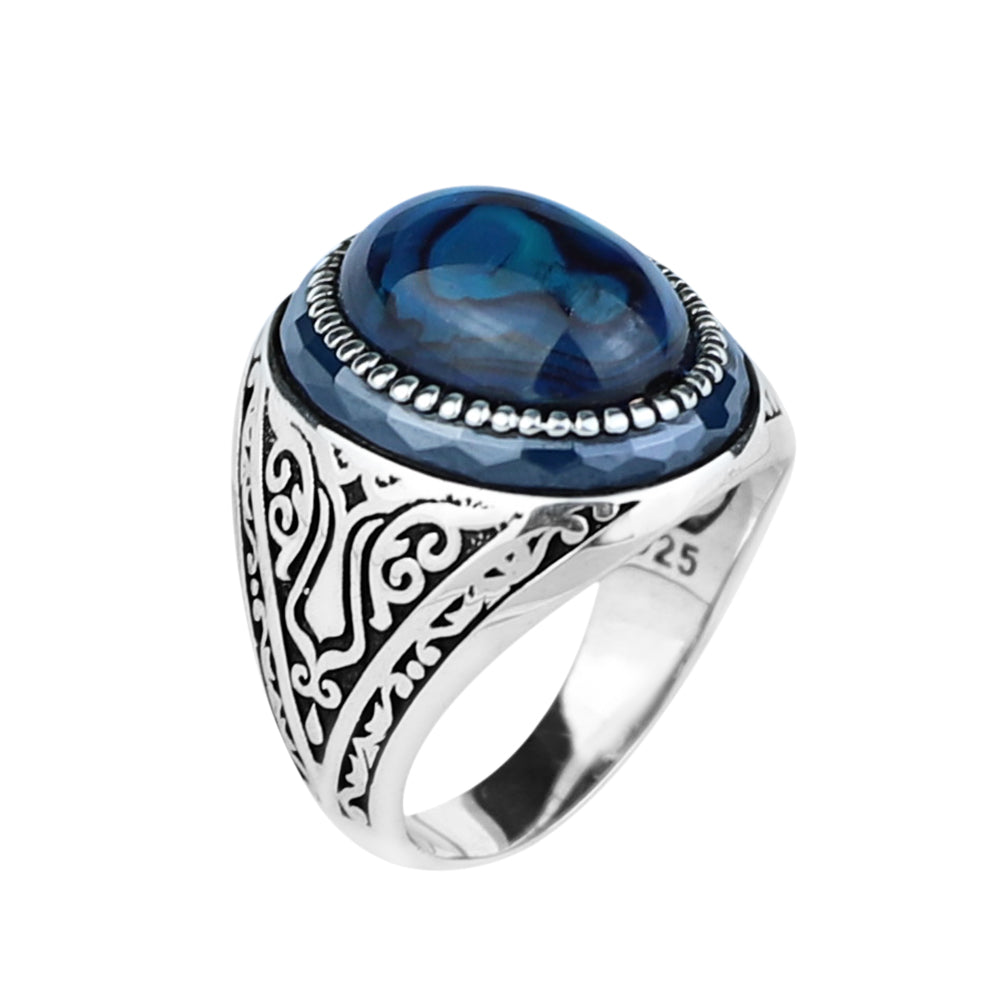925 Sterling Silver Abalone Pearl Men Signet Ring