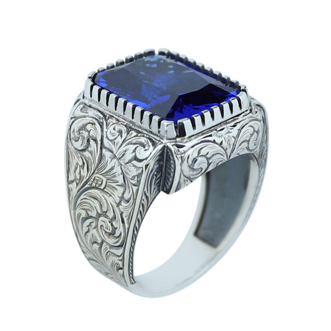 925 Sterling Silver Blue Sapphire Ring , Octogon Blue Gemstone Signet Ring, Vintage Engraved Statement Ring, Intricate Floral Filigree Design
