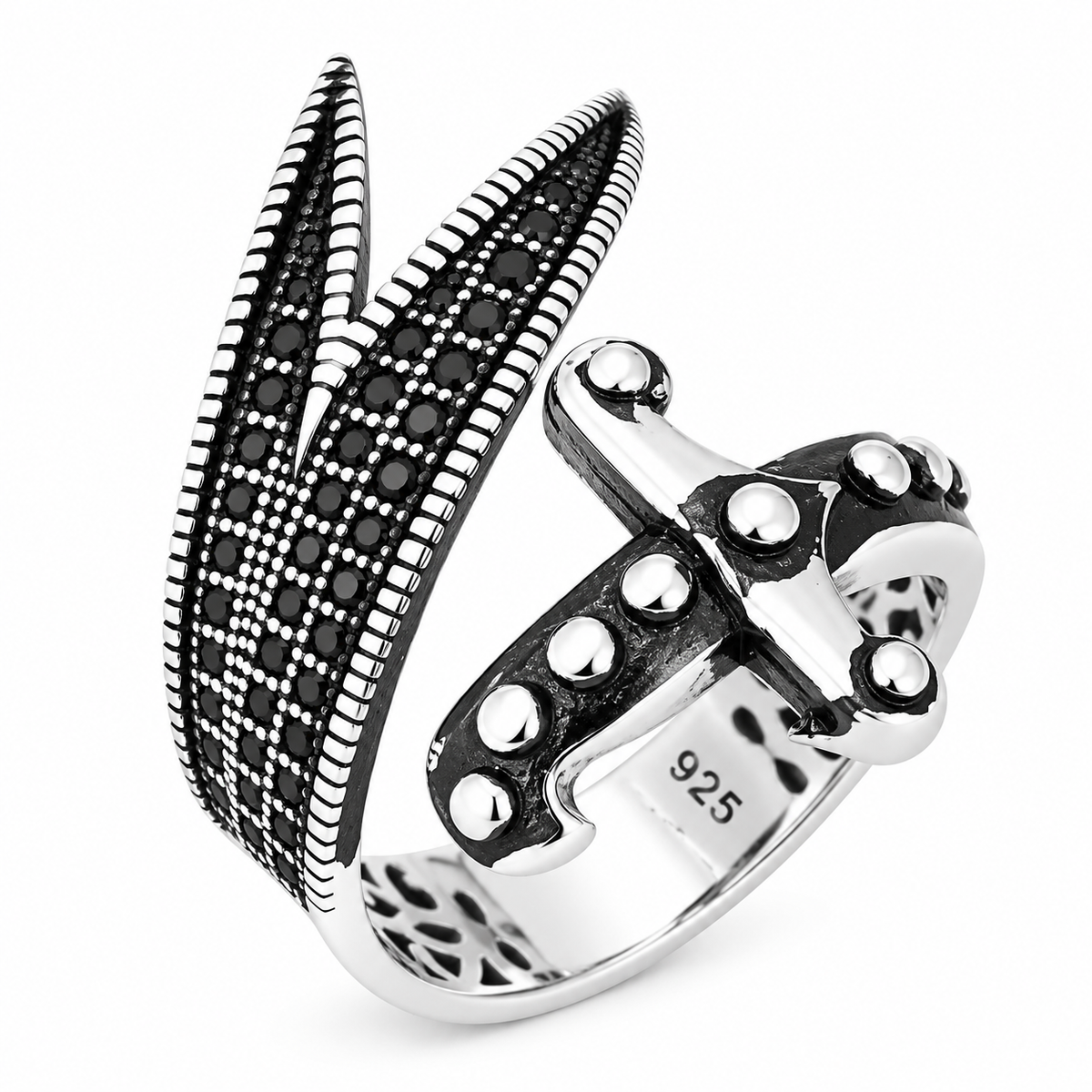 925 Sterling Silver Adjustable Zulfiqar Sword Ring with Black Onyx