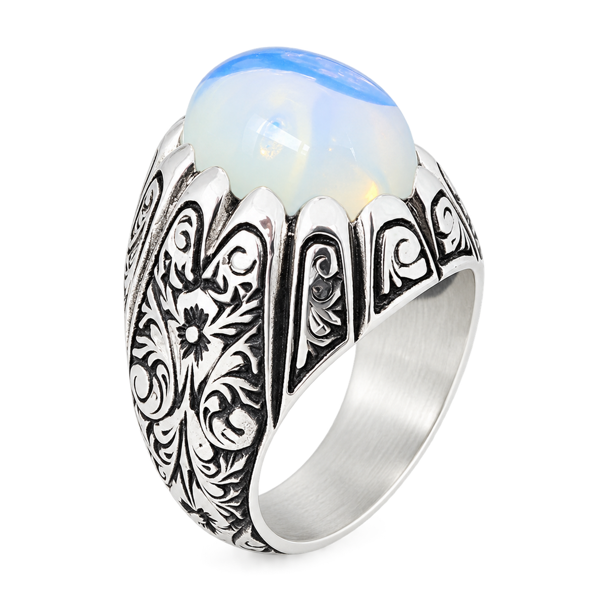 925 Sterling Silver Moonstone Ring for Men Natural Rainbow Moonstone Vintage Style