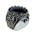 Men Silver Large Black Onyx Ring , Round Unique Mens Handmade Big Ring, Sword Men Sterling Silver Ring