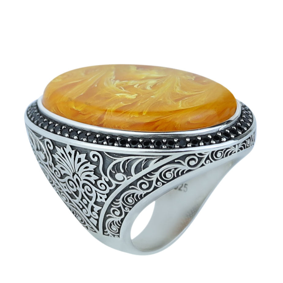 Silver Amber Ring , Baltic Amber Ring , Man Silver Large Amber Stone Ring , Ottoman Style Embroidered Men's Ring
