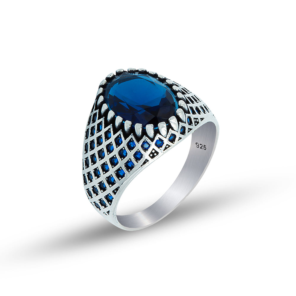 Men Silver Oval Blue Minimal Sapphire Ring
