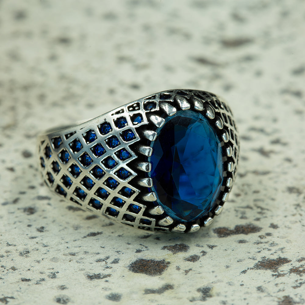 Men Silver Oval Blue Minimal Sapphire Ring