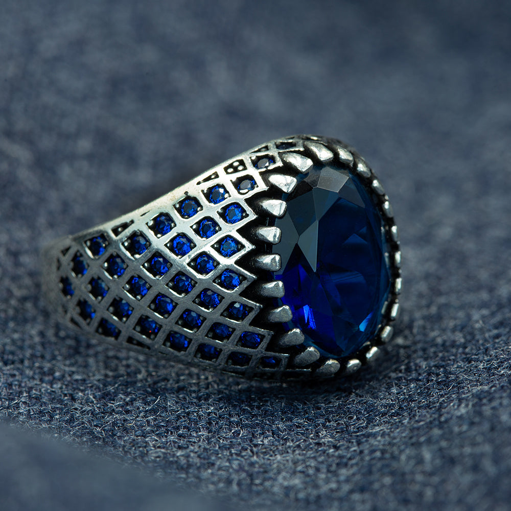 Men Silver Oval Blue Minimal Sapphire Ring