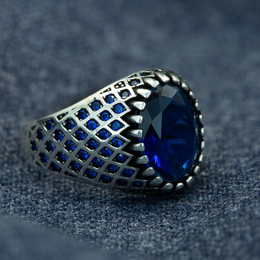 Men Silver Oval Blue Minimal Sapphire Ring