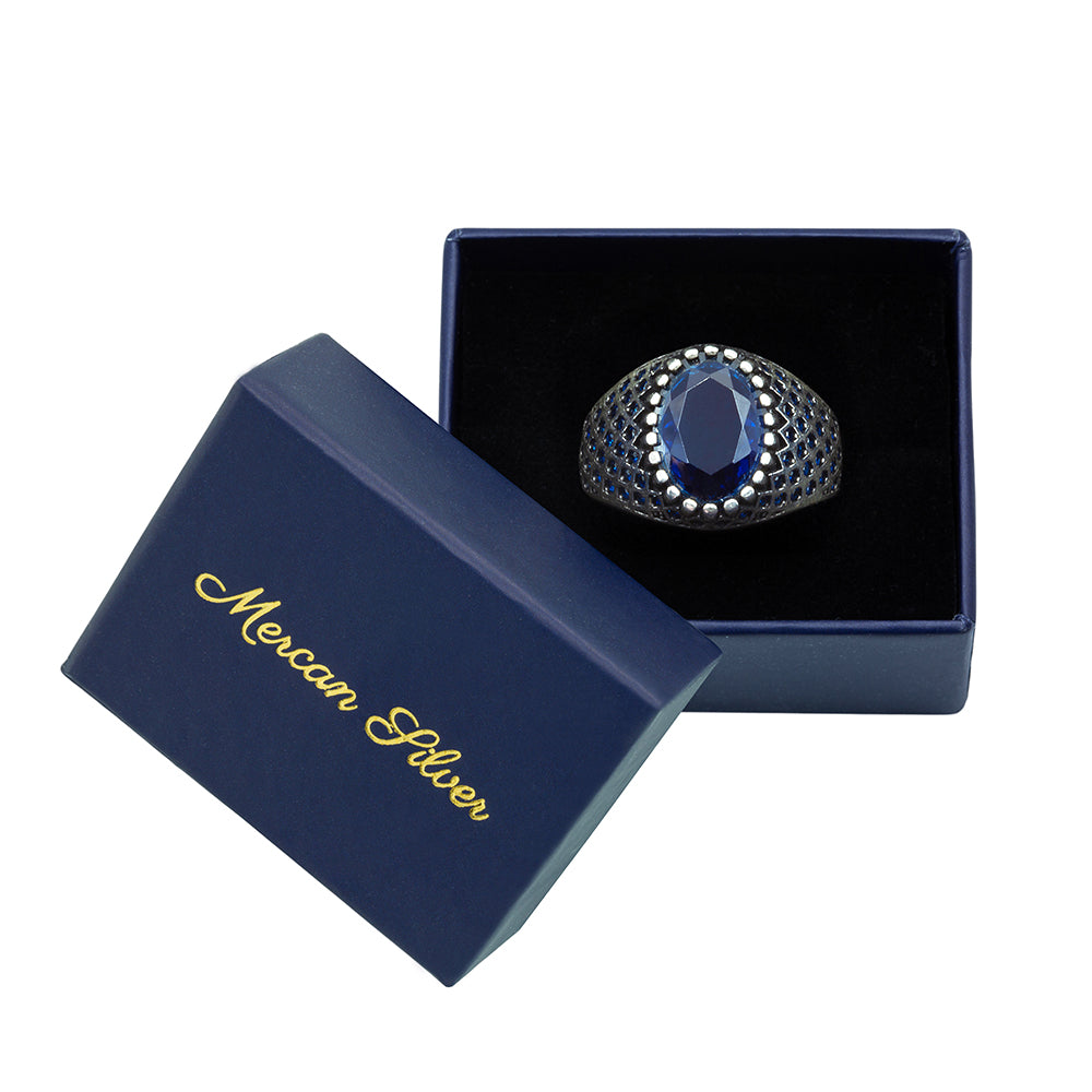 Men Silver Oval Blue Minimal Sapphire Ring