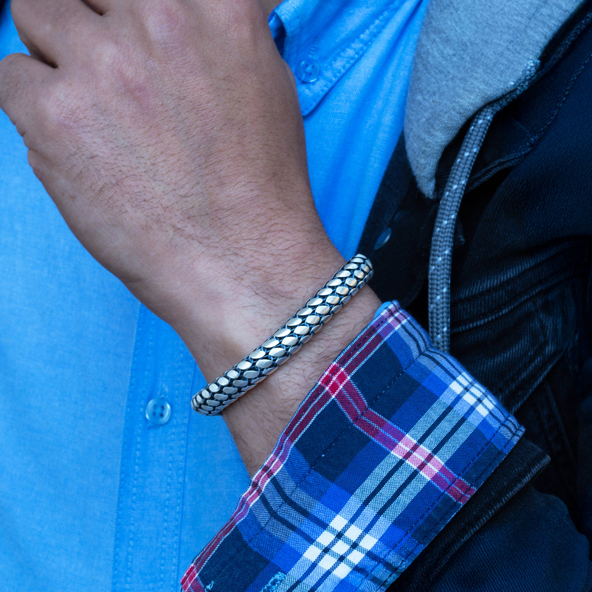 Pulsera de cadena de serpiente gruesa tipo palomitas de maíz, hecha a mano en plata de 10 mm para hombre