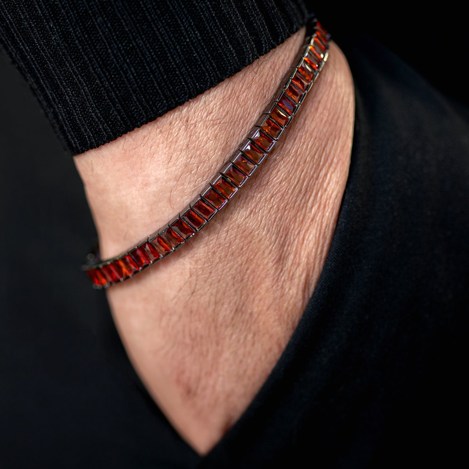 Men Silver Baguette Ruby Gemstone Tennis Link Bracelet