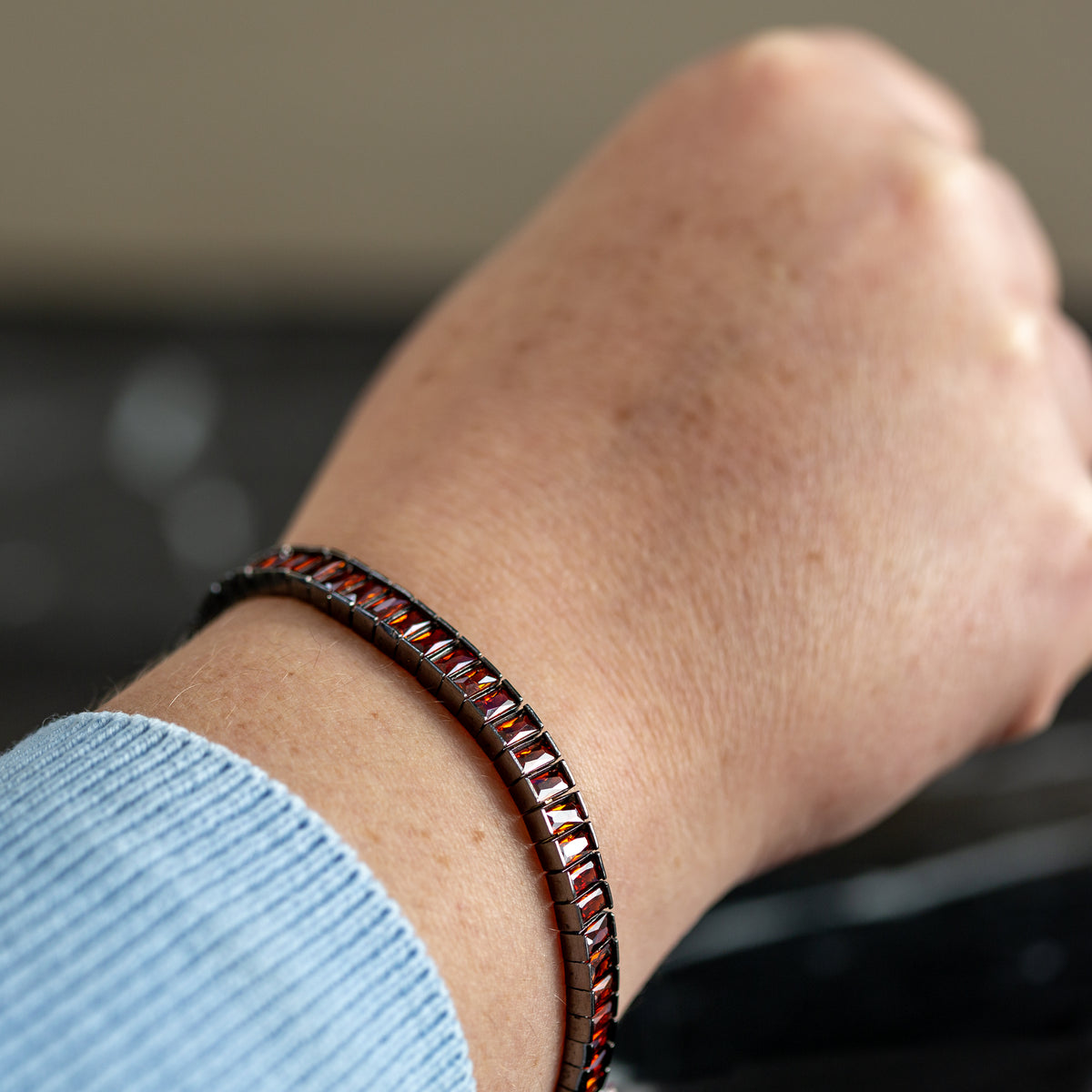 Men Silver Baguette Ruby Gemstone Tennis Link Bracelet