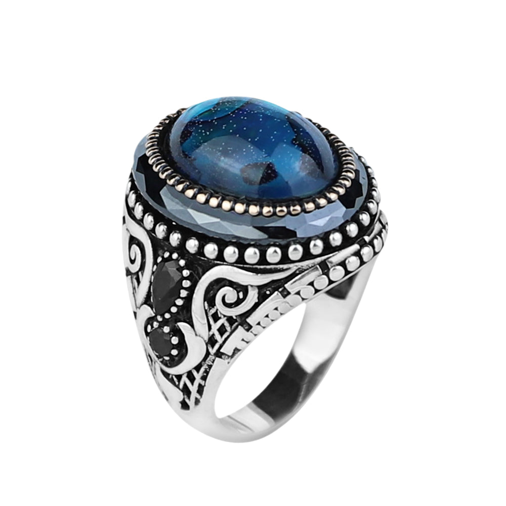 925K Sterling Silver Men Silver Abalone Shell Pearl Stone Silver Ring