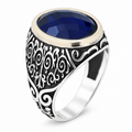 925 Silver Oval Sapphire Ring, Vintage Unisex Sapphire Signet Ring, Engraved Sapphire Ring, Unique Men Gift, Silver Stacking Ring, Men Gift