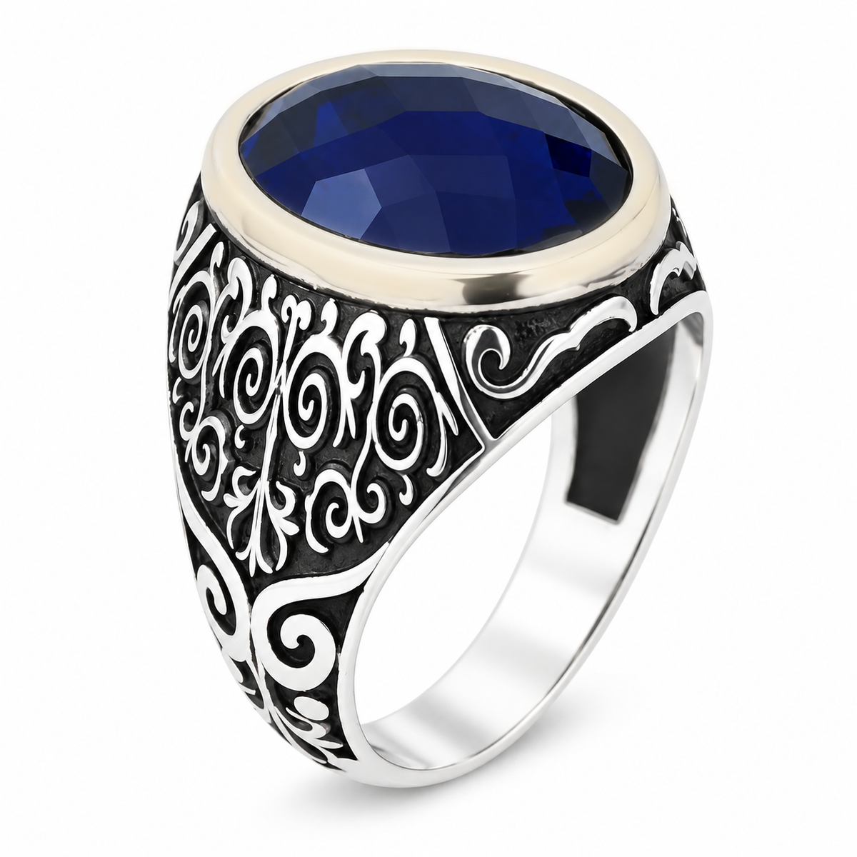 925 Silver Oval Sapphire Ring, Vintage Unisex Sapphire Signet Ring, Engraved Sapphire Ring, Unique Men Gift, Silver Stacking Ring, Men Gift