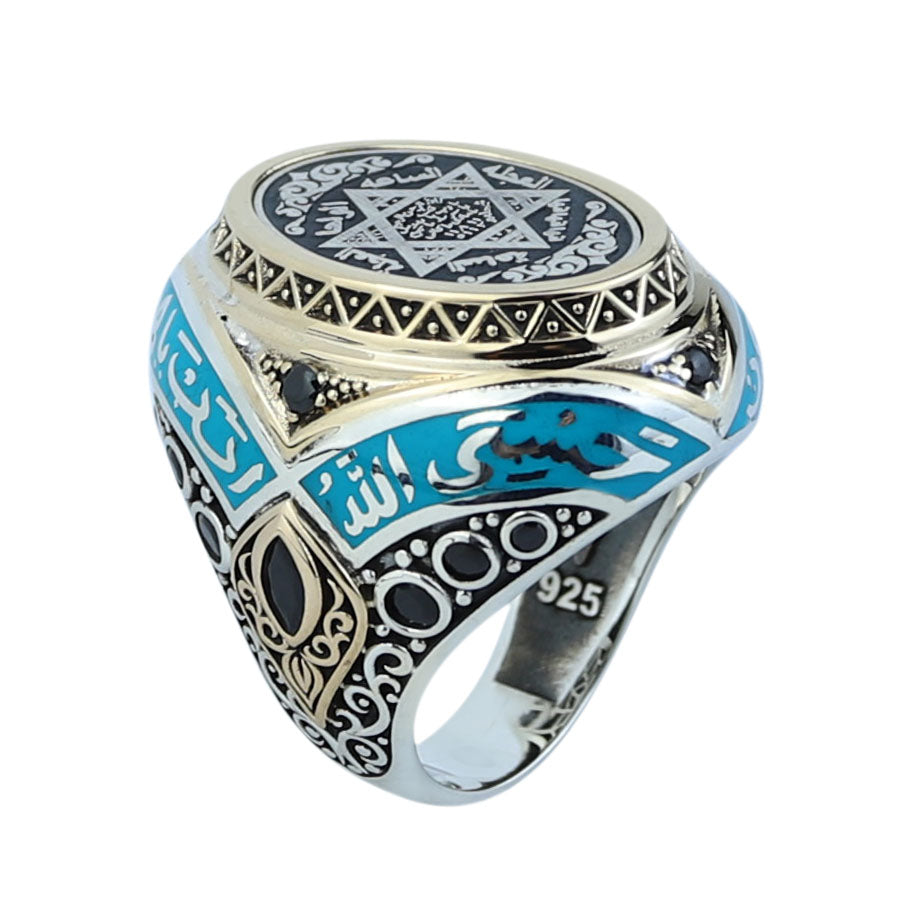 925 Sterling Silver Handmade Solomon Signet Ring, Turquoise Stone King Solomon Signet Ring, Gift For Men