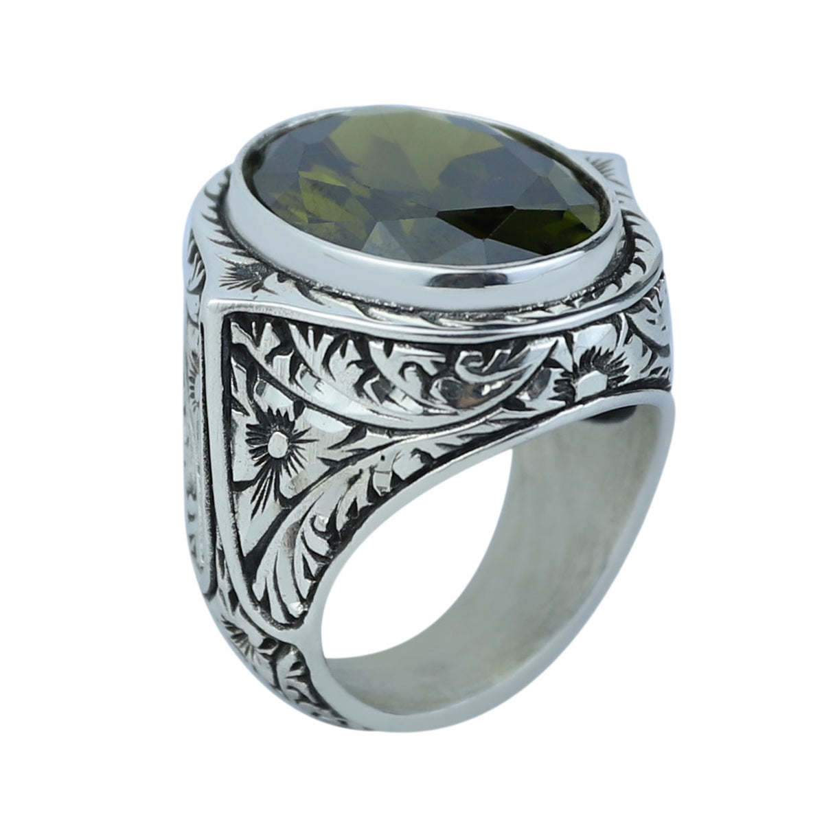 925 Silver Handmade Peridot Gemstone Ring, Engraved Green Gemstone Men Ring, Handmade Gemstone Men Ring, Floral Engraved Ring, Gift For Men