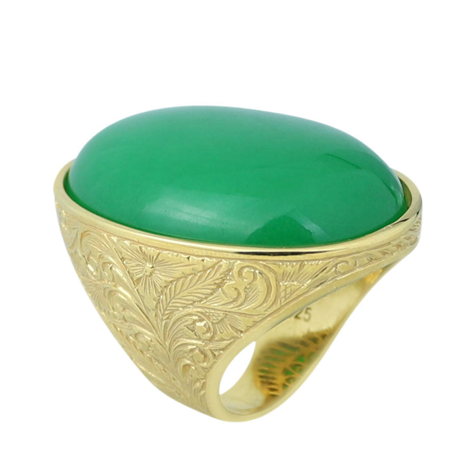 Men Engraved Silver Gold Jade Stone Ring, 18K Gold Green Jade Ring, Men Large Engraved Jade Ring, Statement Handmade Ring