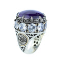 Men Silver Round Amethyst Ring, Large Moissanite And Amethyst Ring,Solomon Signet Turkish Artisan Amethyst Ring