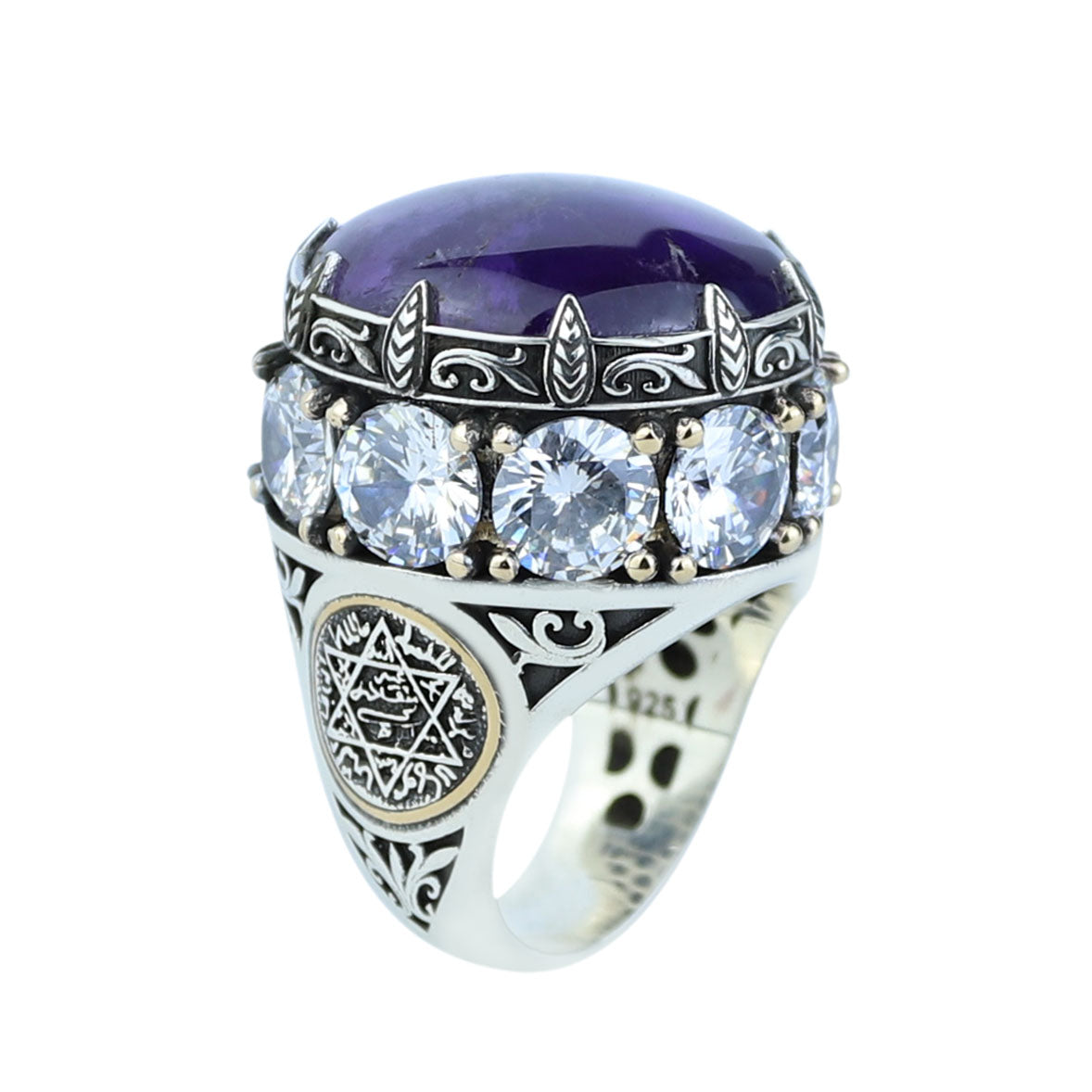 Men Silver Round Amethyst Ring, Large Moissanite And Amethyst Ring,Solomon Signet Turkish Artisan Amethyst Ring