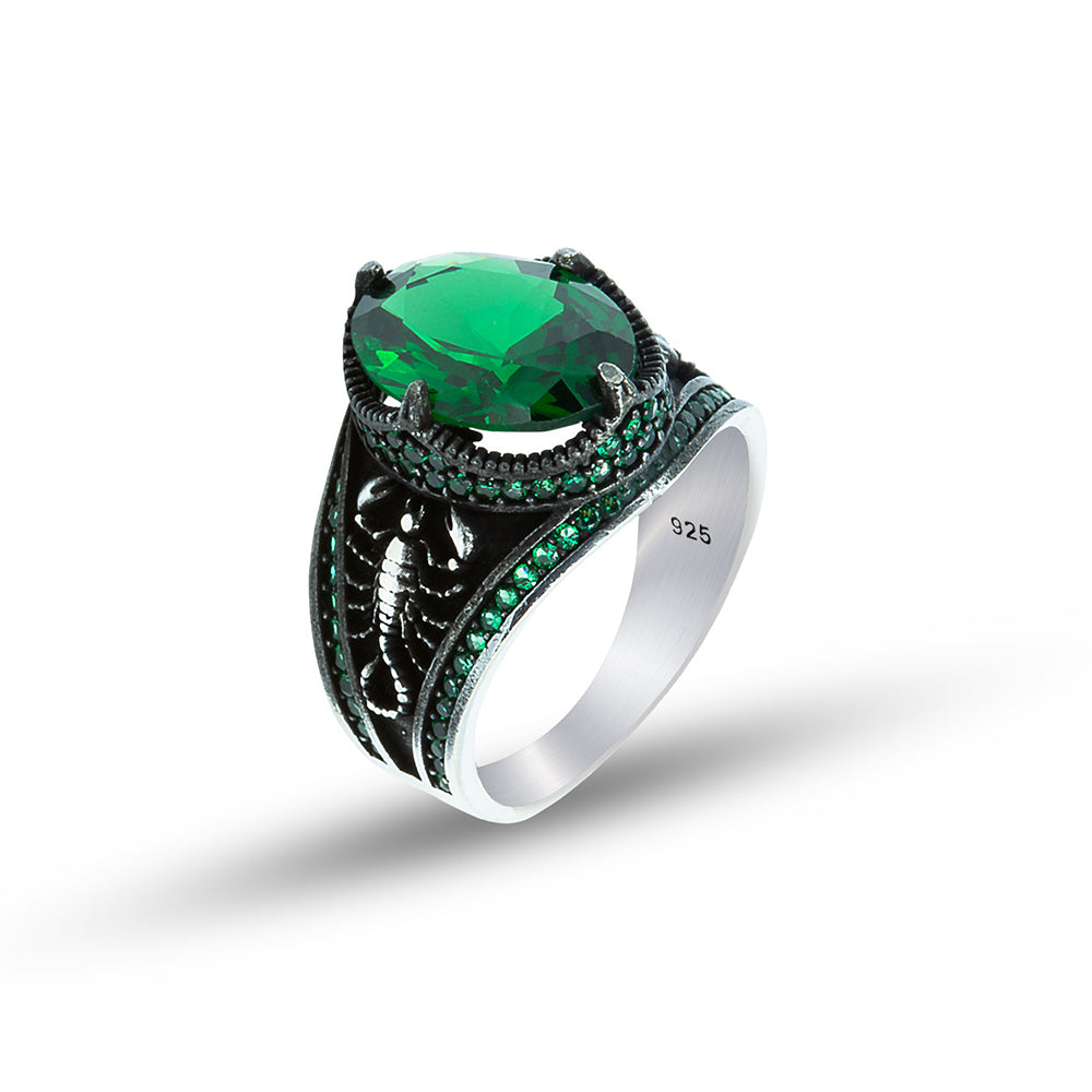 925 Silver Emerald Gemstone Scorpion Signet Ring