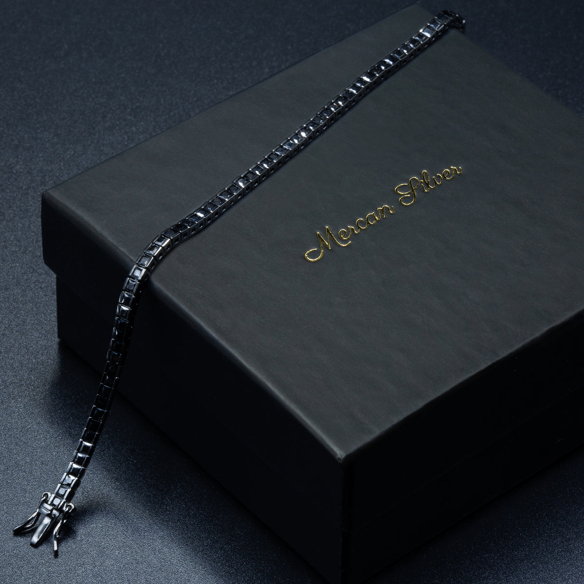 Men Silver Minimal Square Black Diamond Bracelet