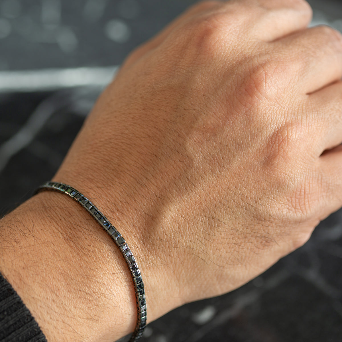 Men Silver Minimal Square Black Diamond Bracelet