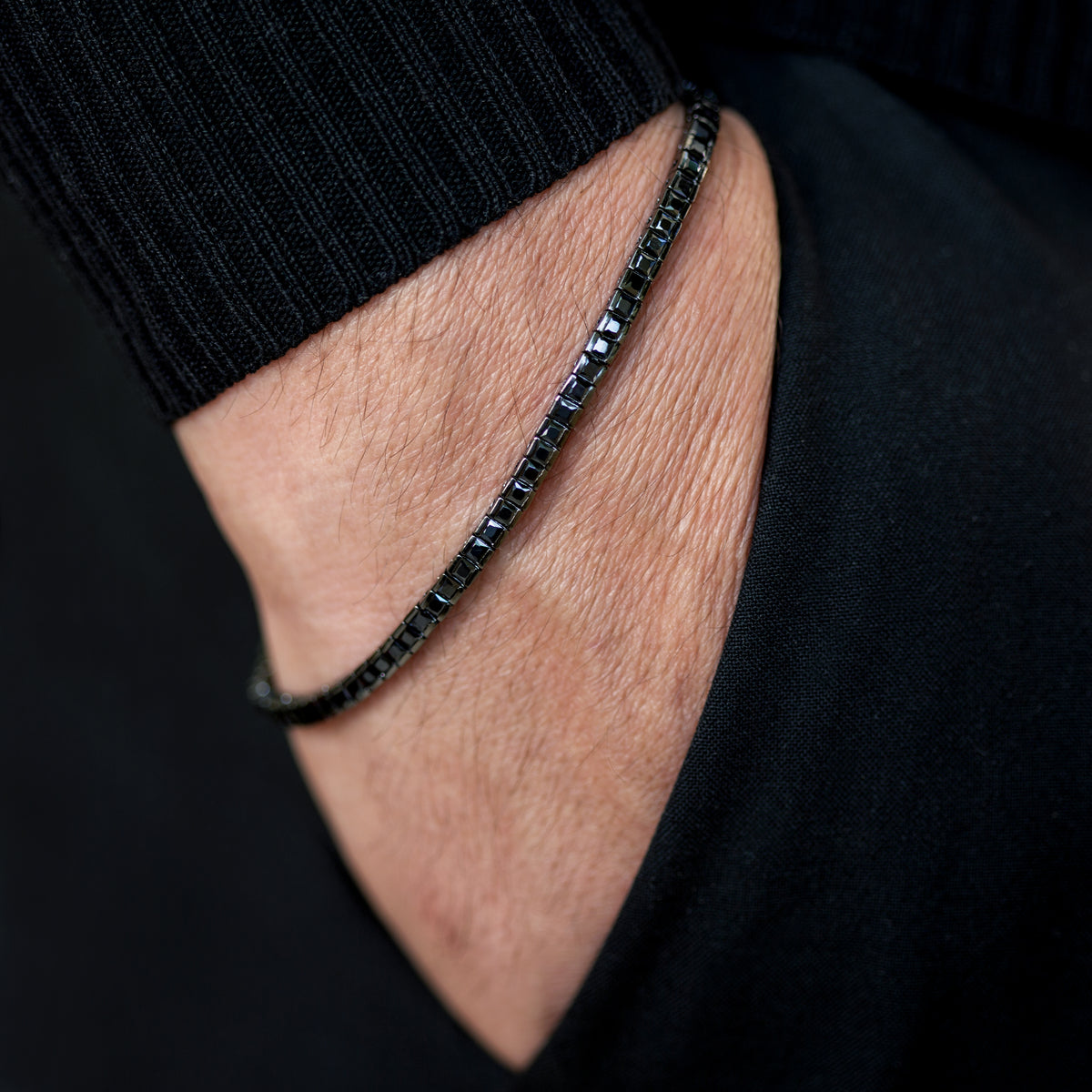 Men Silver Minimal Square Black Diamond Bracelet