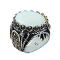 Mens Mother of Pearl Ring , Round Large Silver Ring , Sword Figured Silver Pearl Ring, 925K Sterling Silver