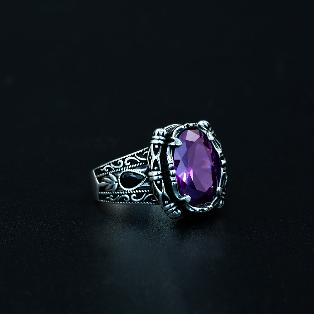 925 Silver Men Oval Amethyst Gemstone Handmade Ring
