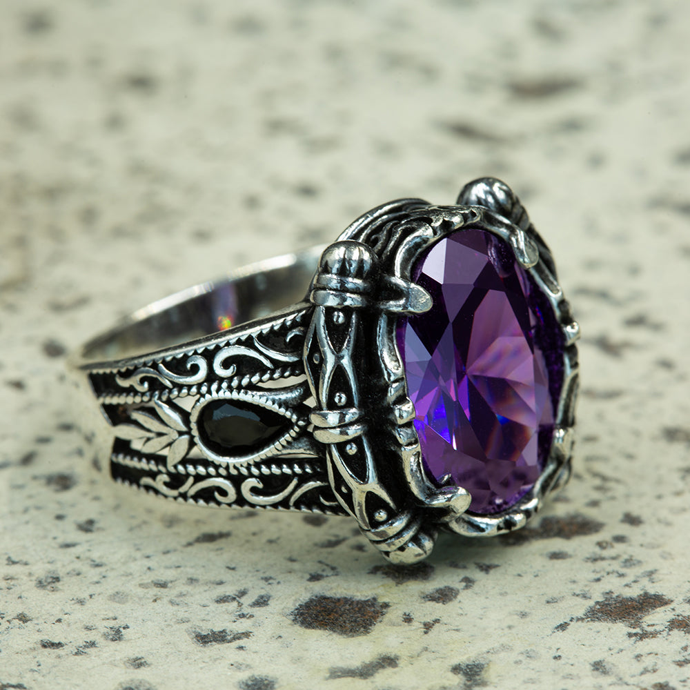 925 Silver Men Oval Amethyst Gemstone Handmade Ring