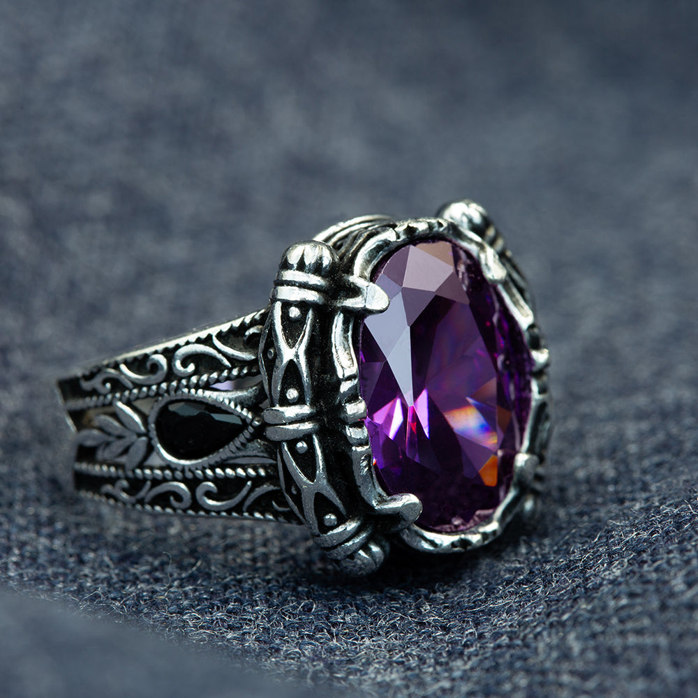 925 Silver Men Oval Amethyst Gemstone Handmade Ring