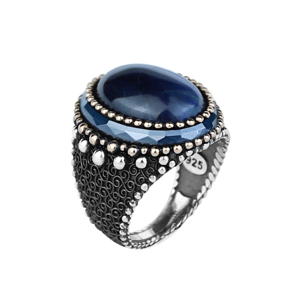 925 Sterling Silver Men Blue Tiger Eye Gemstone Engraved Ring