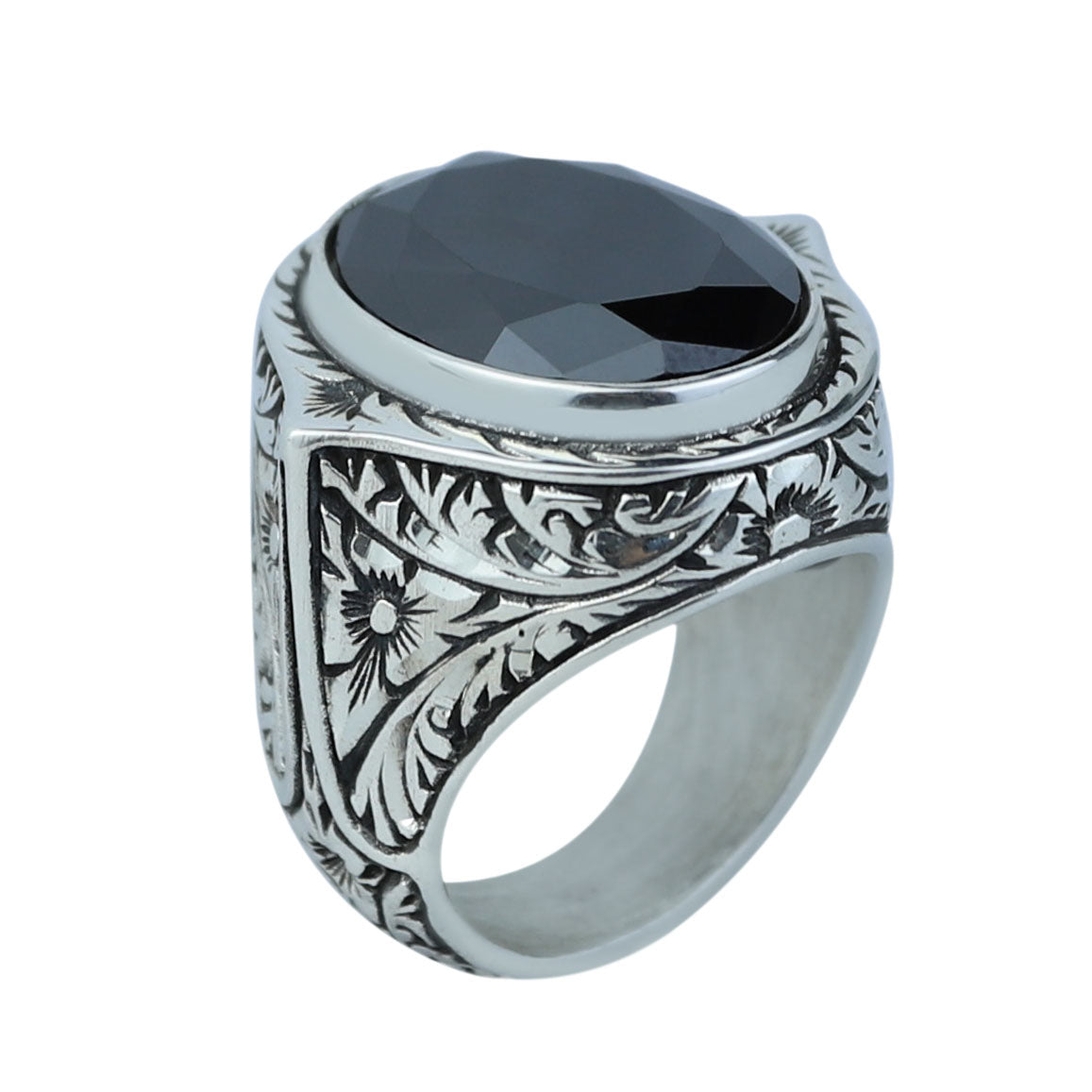 925 Silver Black Stone Silver Ring, Ottoman Style Man Ring, Engraved Zircon Men's Ring, Zircon Stone Ring, 925k Sterling Silver Ring