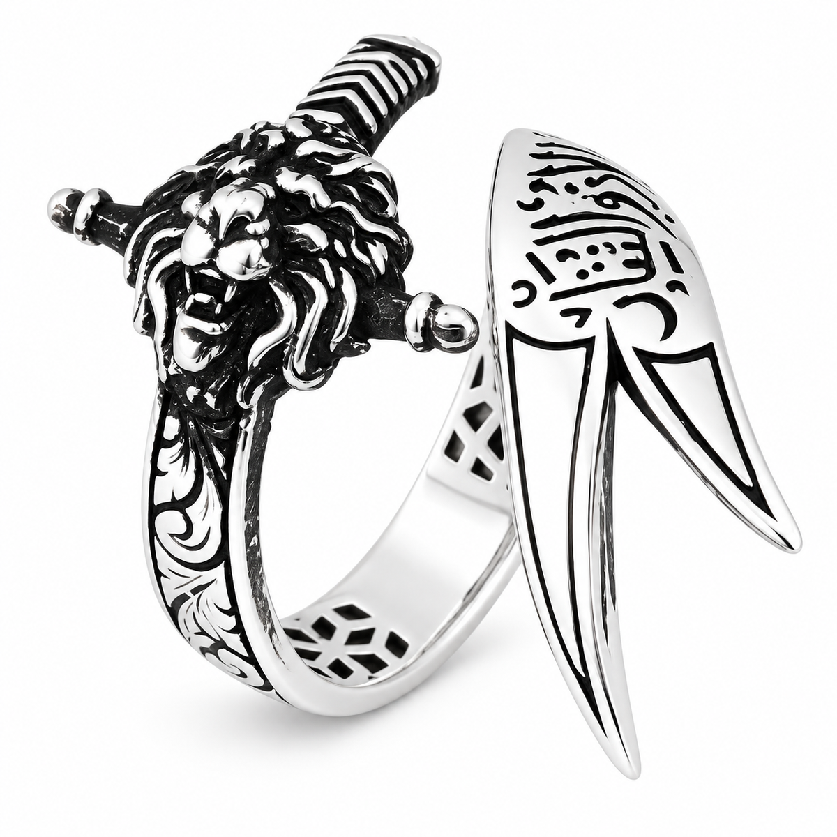 925 Sterling Silver Leon Head Double Zulfiqar Sword Ring