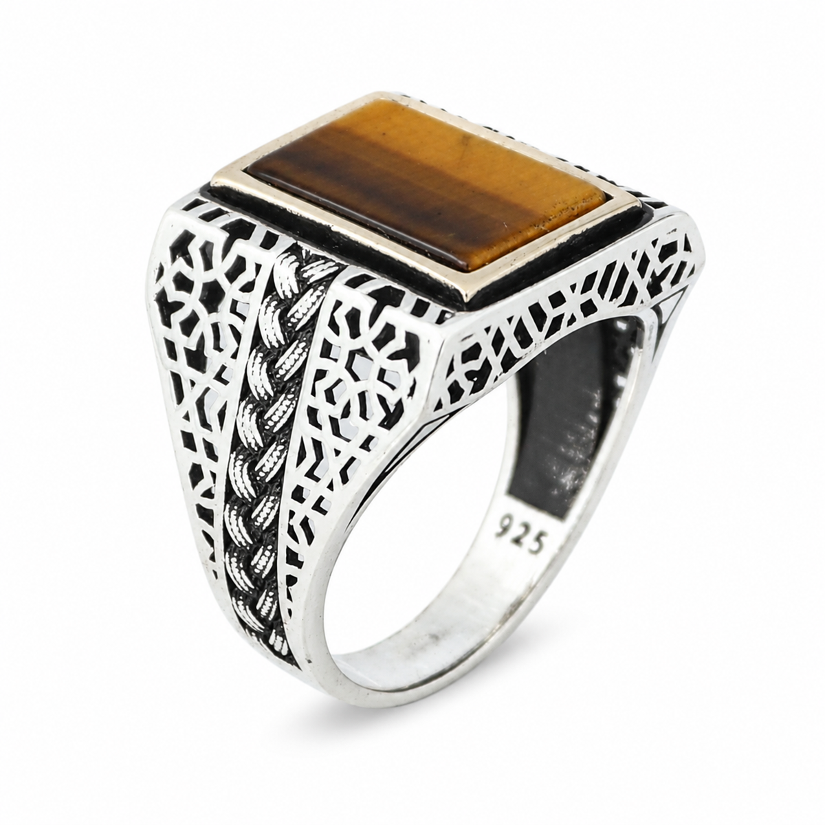 Men Square Tiger Eye Ring , Turkish Handmade Ring, Ottoman Mens Ring, Turkish Signet Gemstone Ring, 925k Sterling Silver Ring, Gift For Him