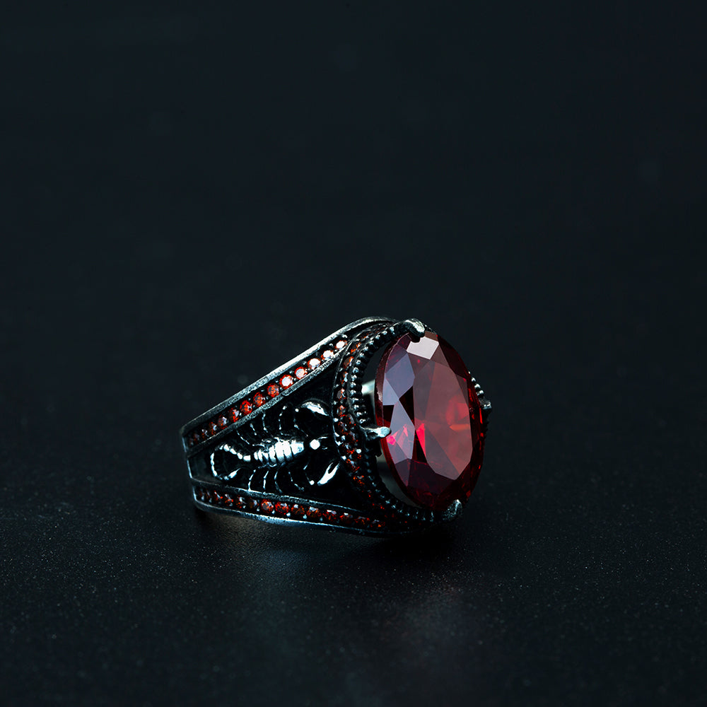 Men Silver Ruby Garnet Gemstone Scorpion Figured Ring