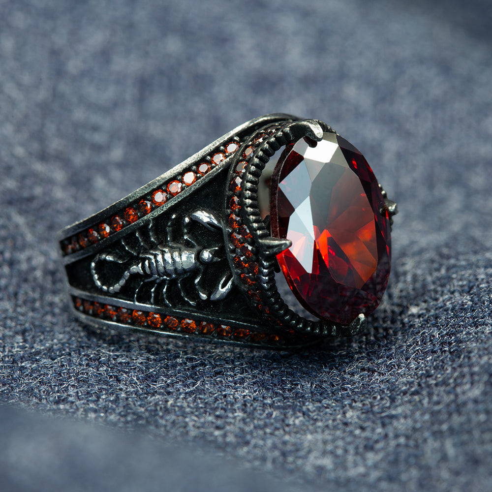Men Silver Ruby Garnet Gemstone Scorpion Figured Ring