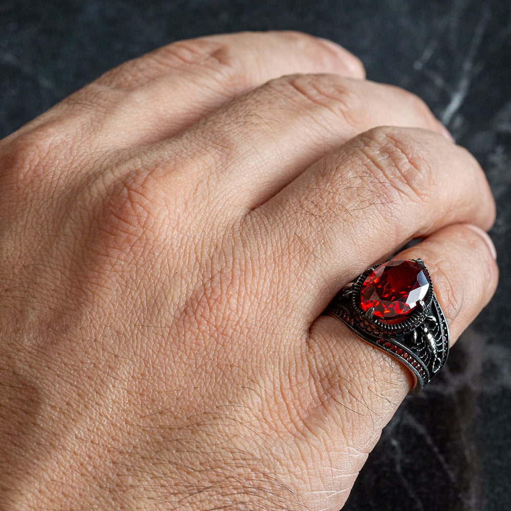 Men Silver Ruby Garnet Gemstone Scorpion Figured Ring