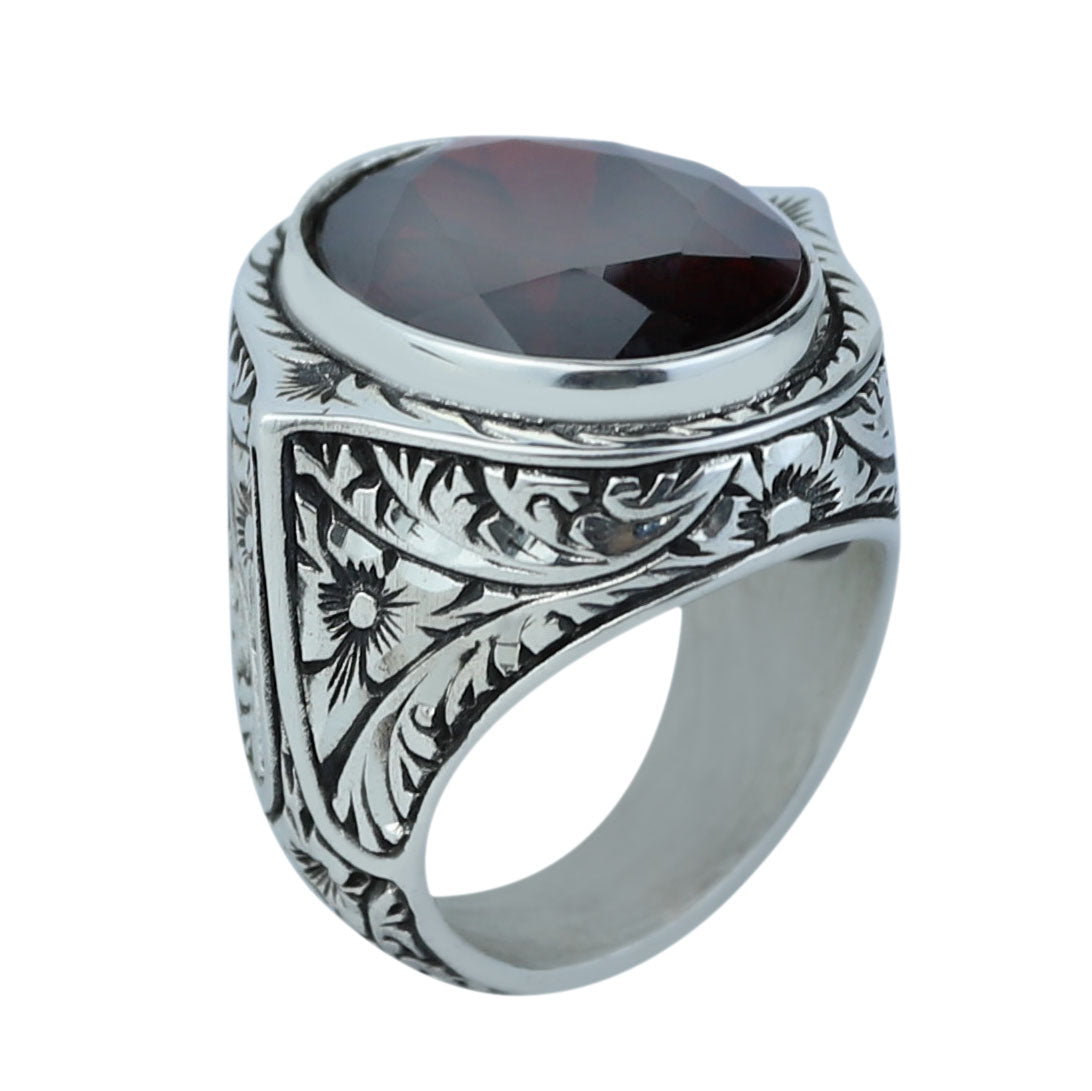 925 Silver Dark Ruby Stone Ring, Vintage Red Gemstone Men Ring, Garnet Gemstone Ring, Mens Turkish Handmade Ring, 925 Sterling Silver