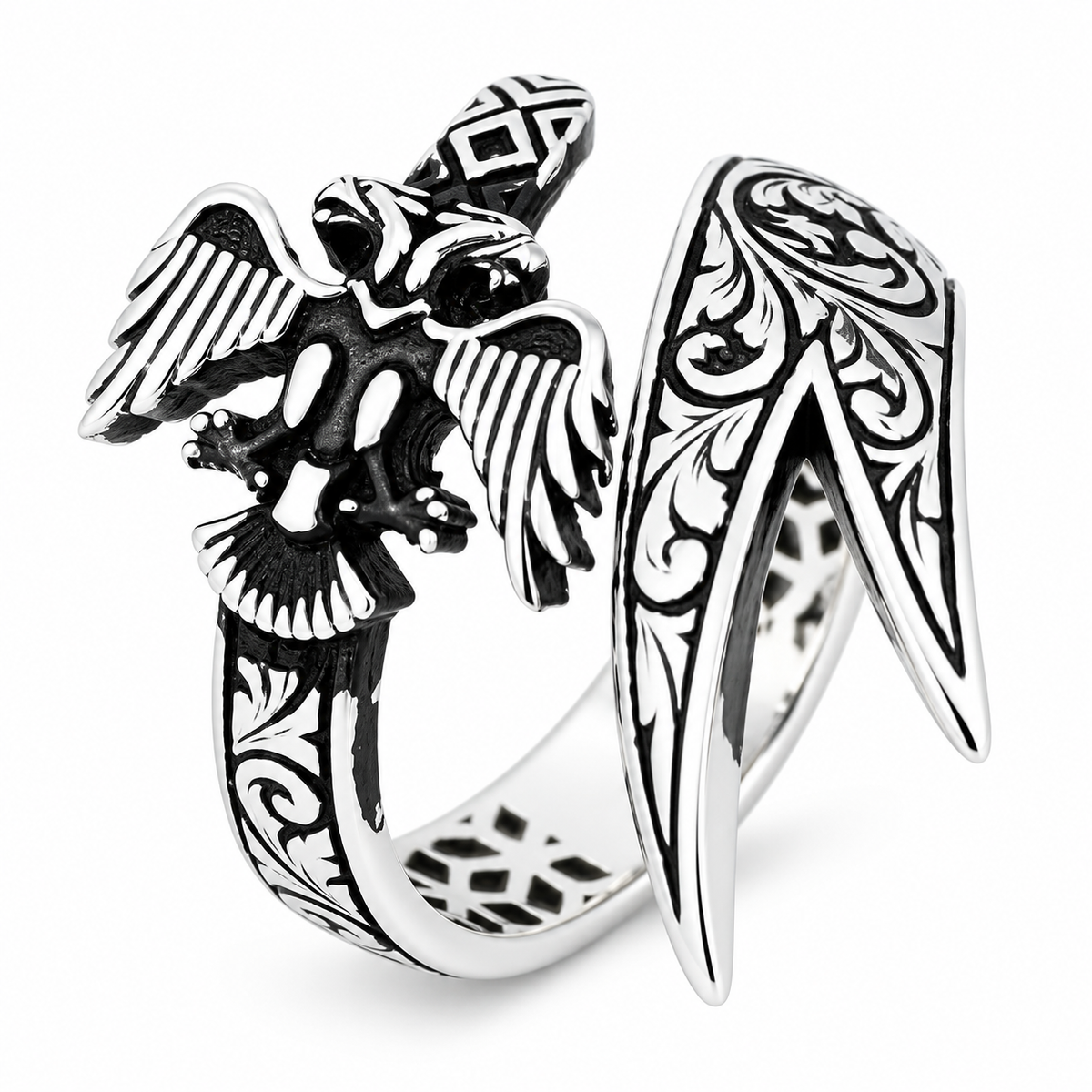 925 Sterling Silver Eagle Head Double Sword Ring