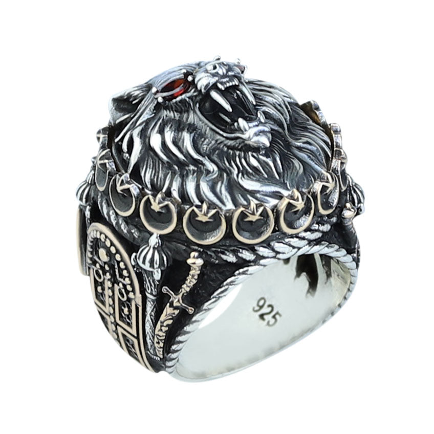 925 Silver Ruby Eyes Wolf Head Ring, Sword Signet Men Ring, Engraved Large Handmade Ring