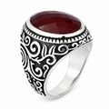 Men Handmade Oval Ruby Stone Ring , Engraved Turkish Red Stone Ring , Ottoman Style Handmade Ring , 925k Sterling Silver Ring , Gift For Him