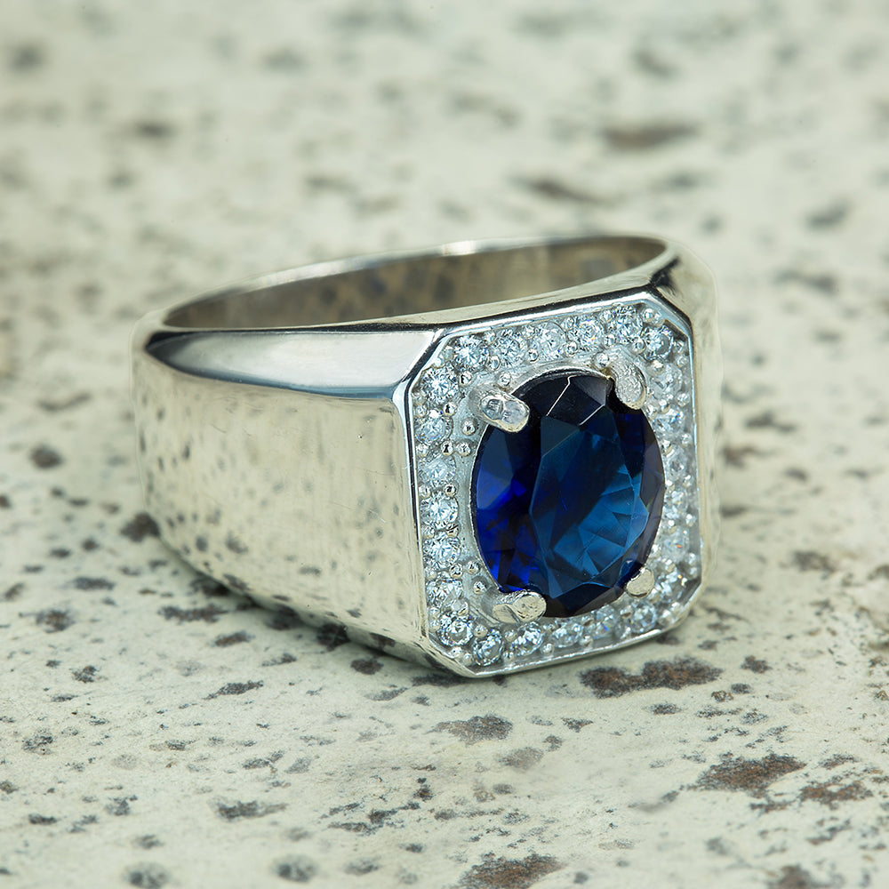 Men Handmade Solid Silver Blue Sapphire Ring