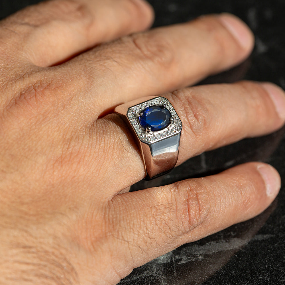Men Handmade Solid Silver Blue Sapphire Ring