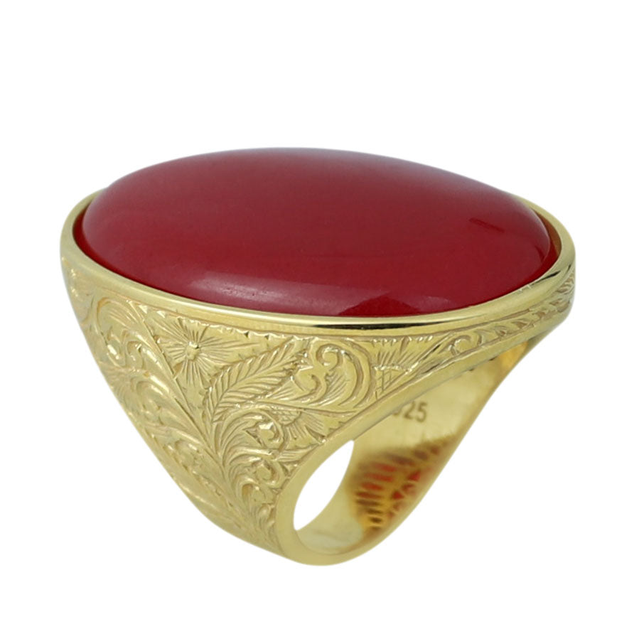 Man Handmade Gold Red Jade Stone Ring , Silver Large Stone Ring, Turkish Engraved Embroidered Ring, Handmade Sterling Silver Ring