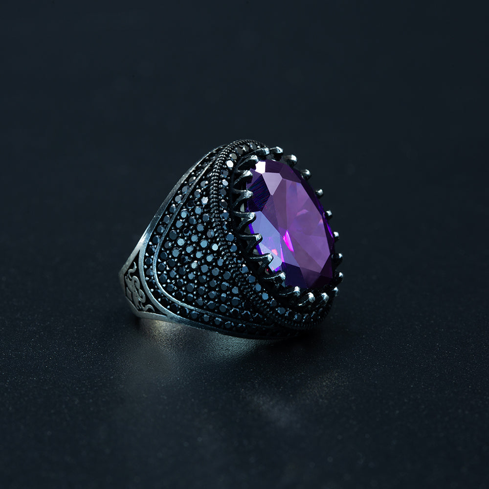 925 Men Silver Oval Amethyst Gemstone Ring