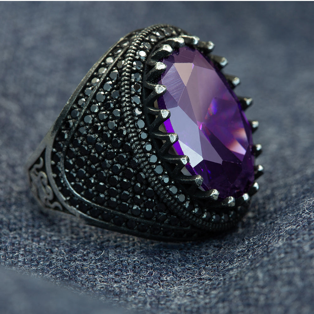 925 Men Silver Oval Amethyst Gemstone Ring